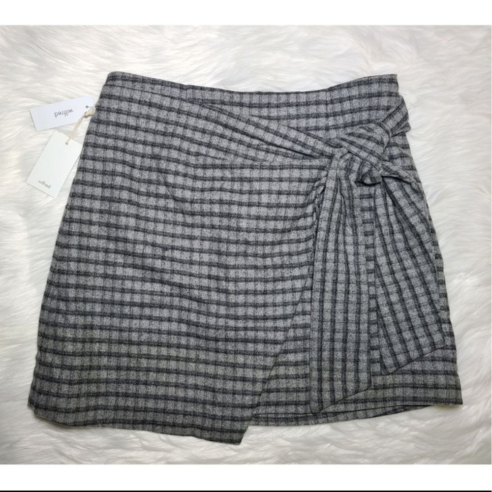 NWT|Wilfred Grey Wool Cashmere Blend Plaid Bow Skirt, Size 6